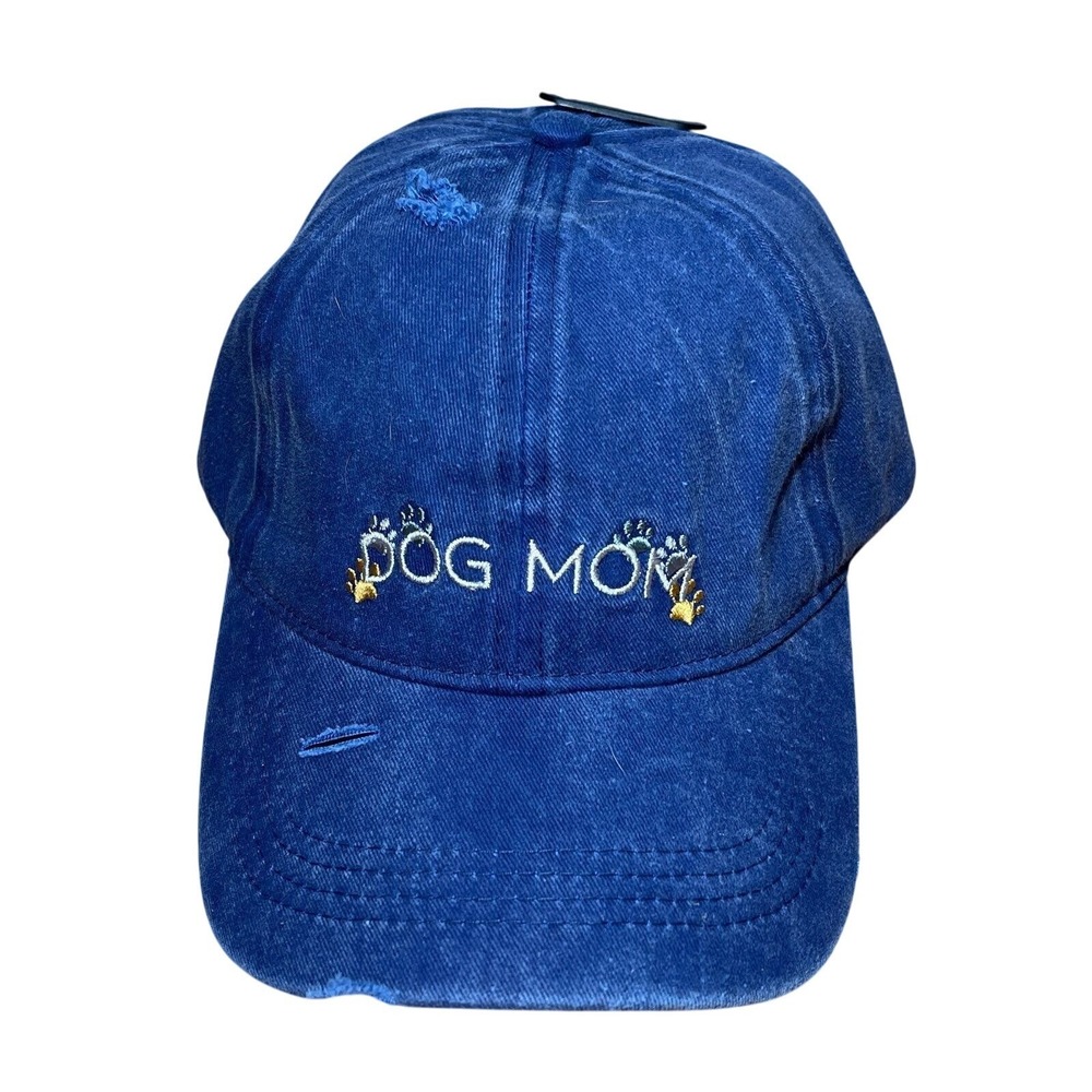 Dog Mom Distressed Blue Baseball Cap Embroidered Paw Print Hat